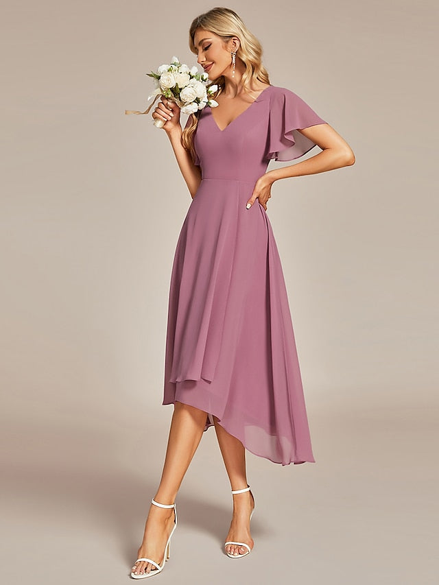 Women's Wedding Guest Dress Party Dress Homecoming Dress Midi Dress Pink Short Sleeve Pure Color Layered Summer Spring Fall V Neck Party Birthday Wedding Guest Vacation 2023 S M L XL 2XL 3XL - LuckyFash™