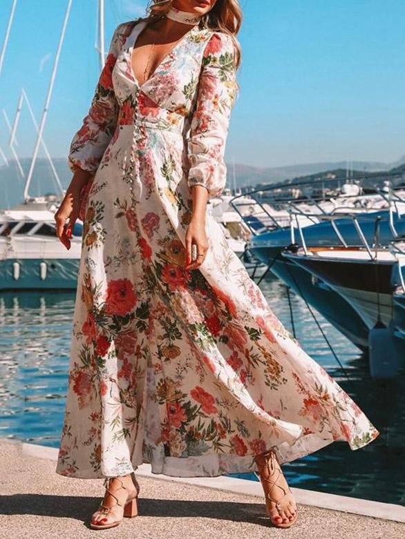 Women's Dresses Deep V Long Sleeve Floral Print Dress - LuckyFash™