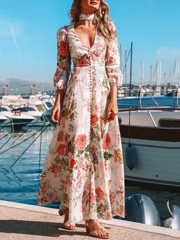 Women's Dresses Deep V Long Sleeve Floral Print Dress - LuckyFash™
