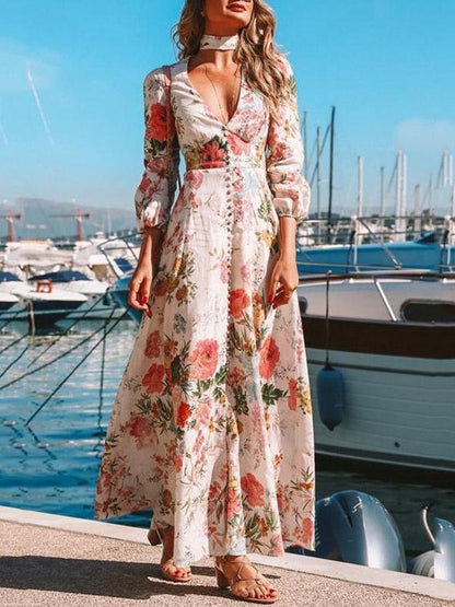 Women's Dresses Deep V Long Sleeve Floral Print Dress - LuckyFash™