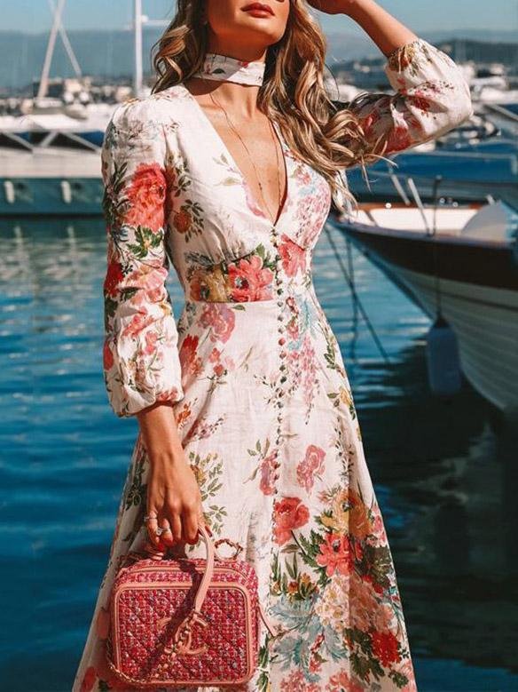 Women's Dresses Deep V Long Sleeve Floral Print Dress - LuckyFash™