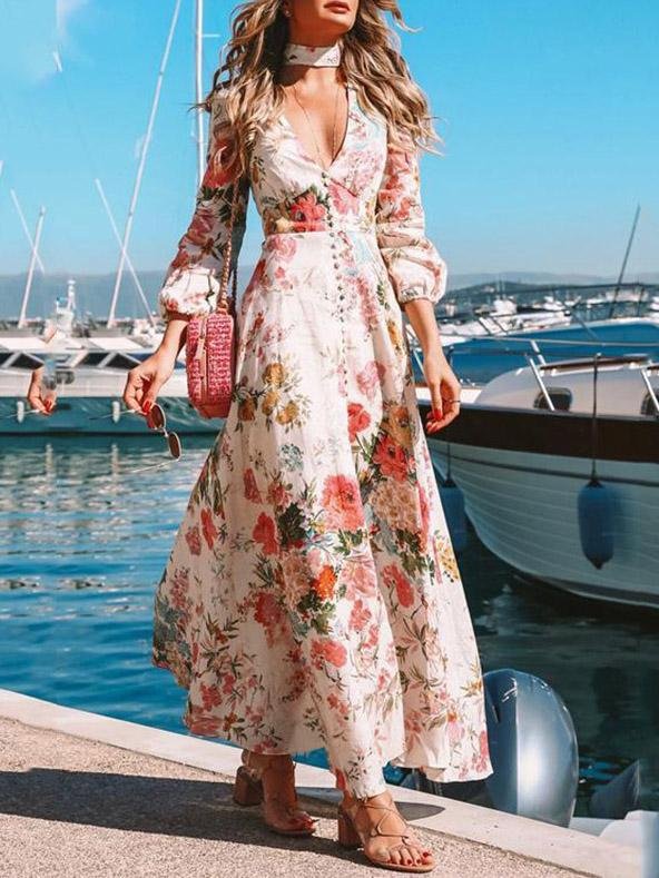 Women's Dresses Deep V Long Sleeve Floral Print Dress - LuckyFash™