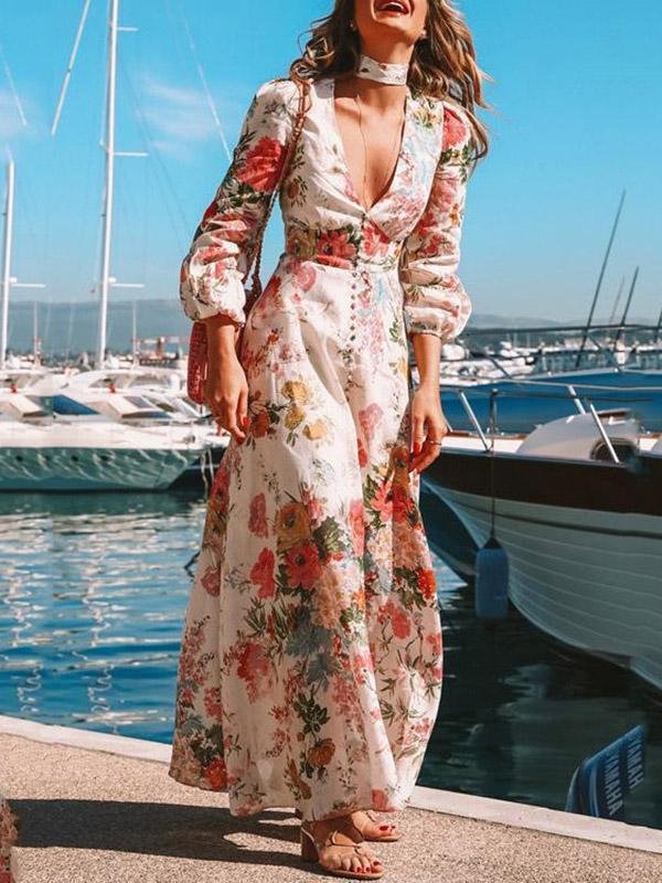 Women's Dresses Deep V Long Sleeve Floral Print Dress - LuckyFash™