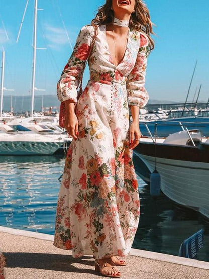 Women's Dresses Deep V Long Sleeve Floral Print Dress - LuckyFash™