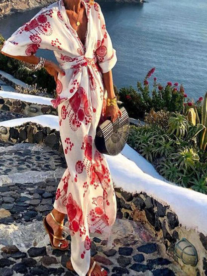 Women's Dresses Deep V-Neck Long Sleeve Temperament Printed Dress - LuckyFash™