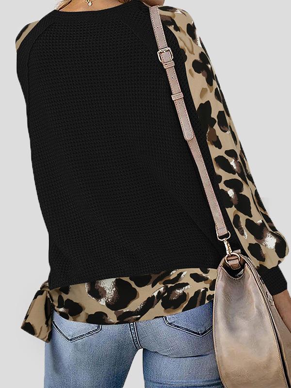Women's T-Shirts Leopard Print Stitching Lantern Sleeve V Neck T-Shirts - LuckyFash™