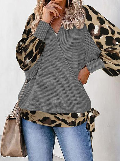 Women's T-Shirts Leopard Print Stitching Lantern Sleeve V Neck T-Shirts - LuckyFash™