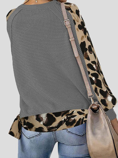 Women's T-Shirts Leopard Print Stitching Lantern Sleeve V Neck T-Shirts - LuckyFash™