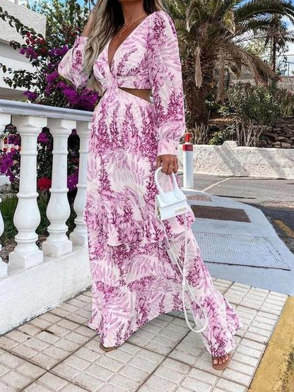 Women's Dresses Long Sleeve Printed Hollow Ruffled Dress - LuckyFash™