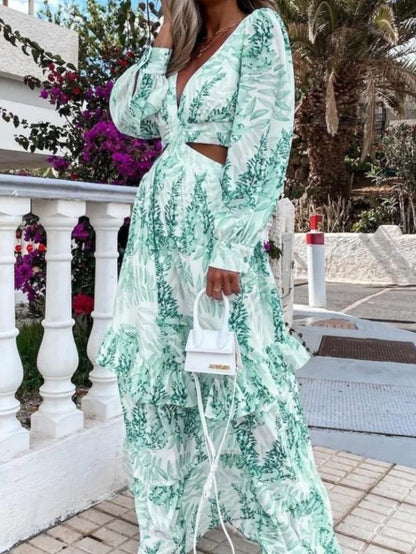Women's Dresses Long Sleeve Printed Hollow Ruffled Dress - LuckyFash™