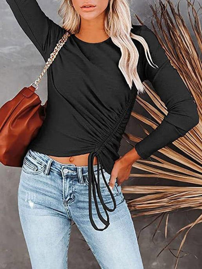 Women's T-Shirts Long Sleeve Round Neck Drawstring Fashion T-Shirt - LuckyFash™