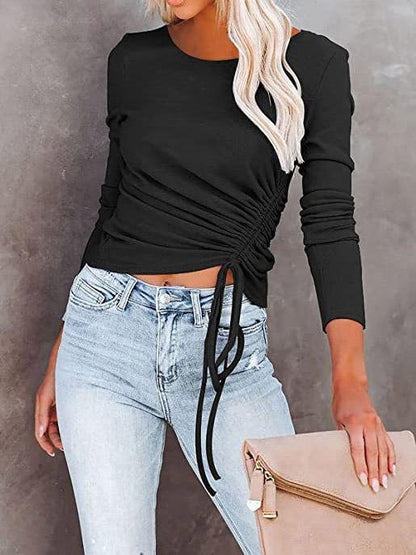 Women's T-Shirts Long Sleeve Round Neck Drawstring Fashion T-Shirt - LuckyFash™