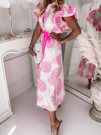 Women's Dresses Ruffled Short Sleeve V-Neck Button Printed Dress - LuckyFash™