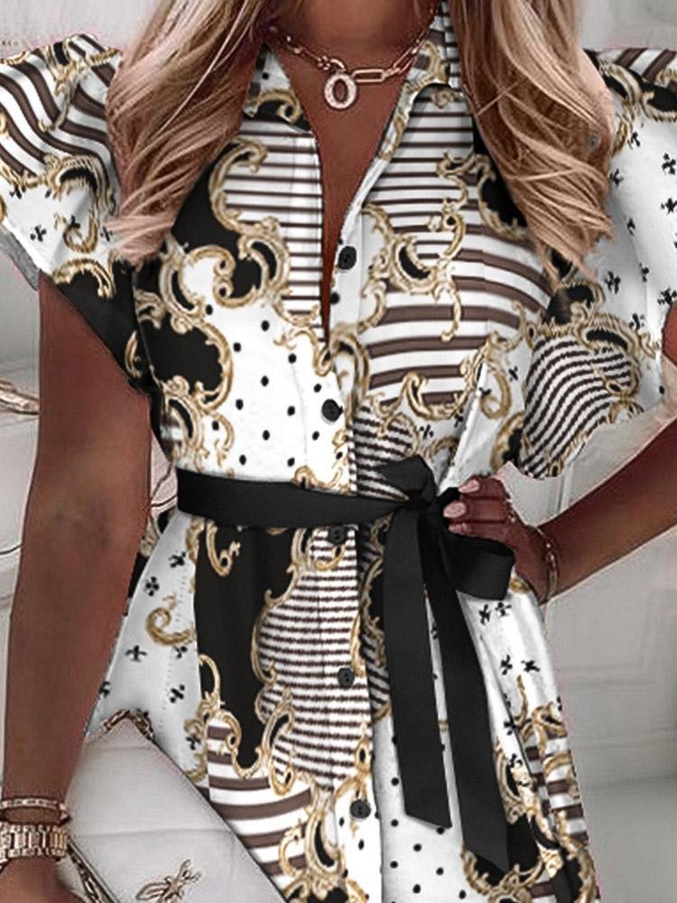 Women's Dresses Ruffled Short Sleeve V-Neck Button Printed Dress - LuckyFash™