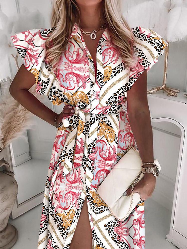 Women's Dresses Ruffled Short Sleeve V-Neck Button Printed Dress - LuckyFash™