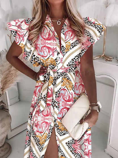 Women's Dresses Ruffled Short Sleeve V-Neck Button Printed Dress - LuckyFash™