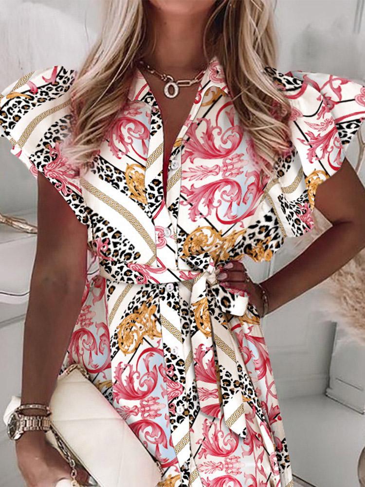 Women's Dresses Ruffled Short Sleeve V-Neck Button Printed Dress - LuckyFash™
