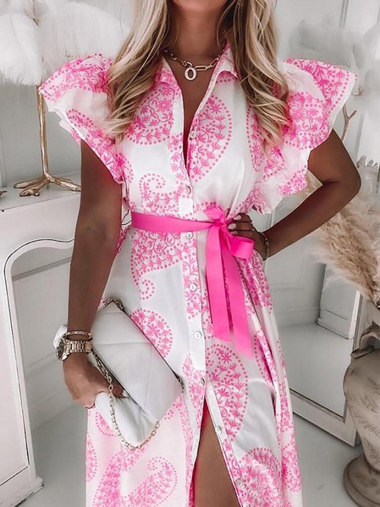 Women's Dresses Ruffled Short Sleeve V-Neck Button Printed Dress - LuckyFash™