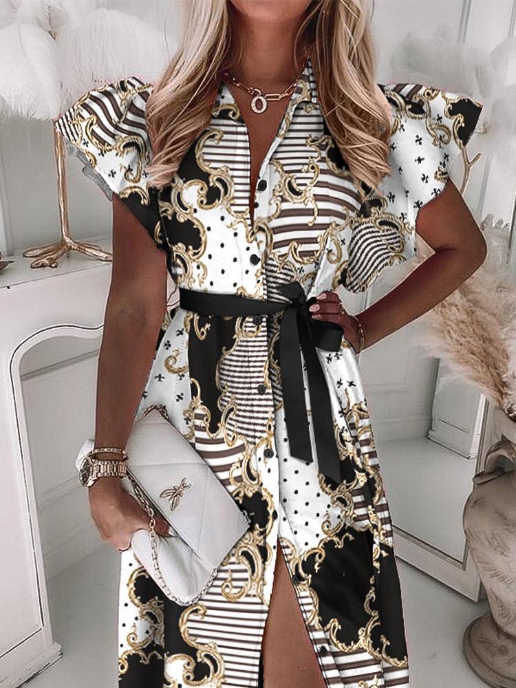 Women's Dresses Ruffled Short Sleeve V-Neck Button Printed Dress - LuckyFash™