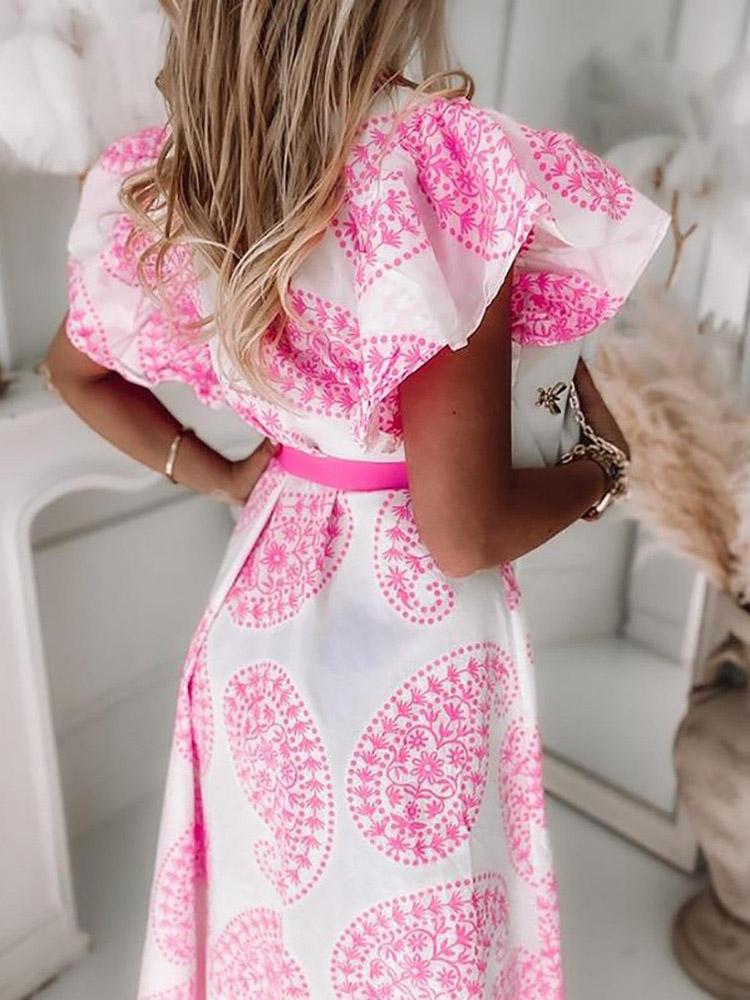Women's Dresses Ruffled Short Sleeve V-Neck Button Printed Dress - LuckyFash™