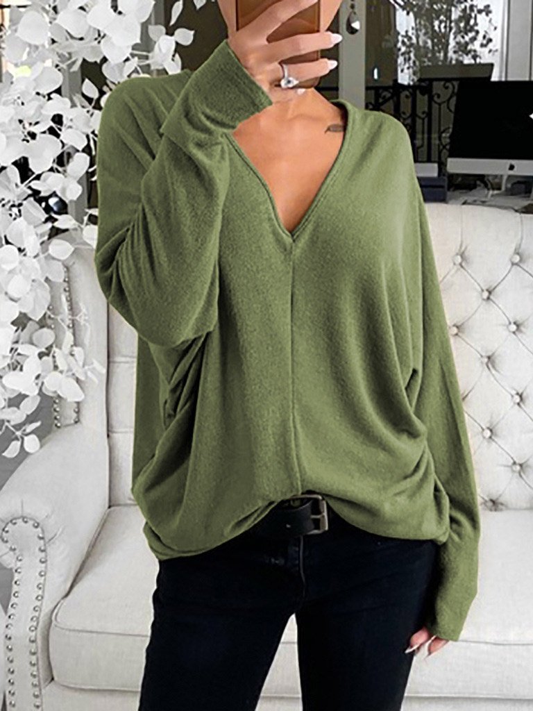 Women's T-Shirts Simple V-Neck Off-Shoulder Long Sleeve T-Shirt - LuckyFash™