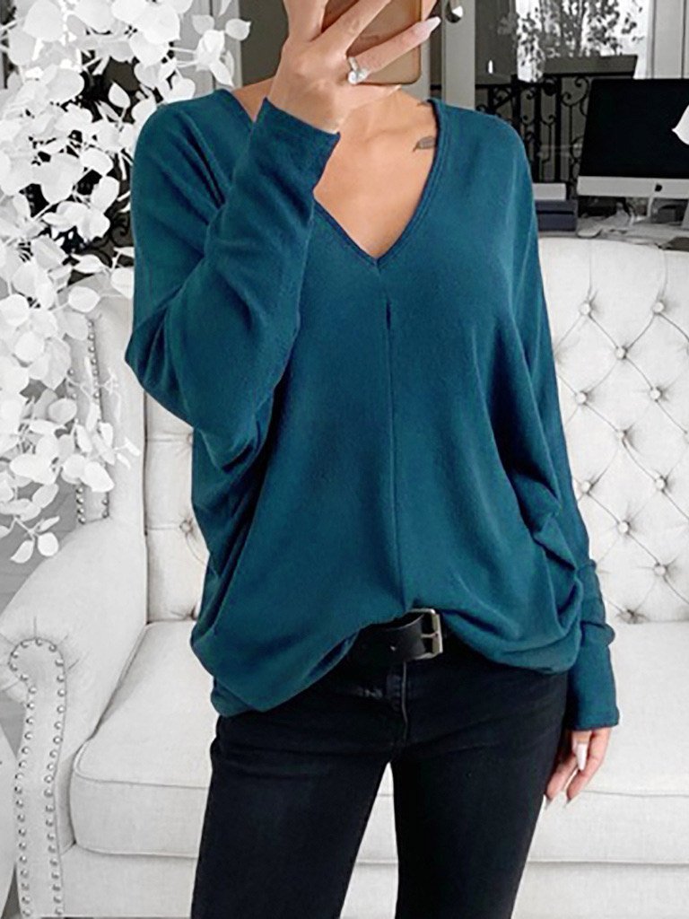 Women's T-Shirts Simple V-Neck Off-Shoulder Long Sleeve T-Shirt - LuckyFash™