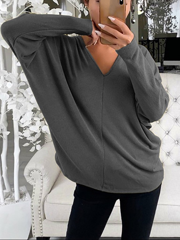 Women's T-Shirts Simple V-Neck Off-Shoulder Long Sleeve T-Shirt - LuckyFash™