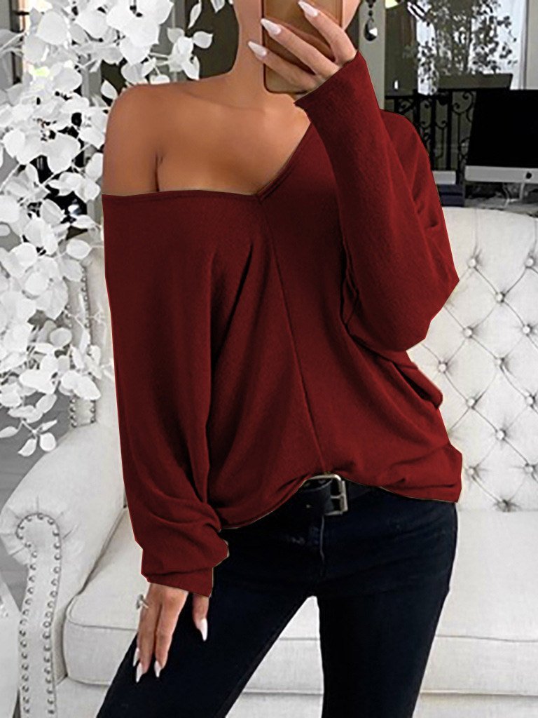 Women's T-Shirts Simple V-Neck Off-Shoulder Long Sleeve T-Shirt - LuckyFash™