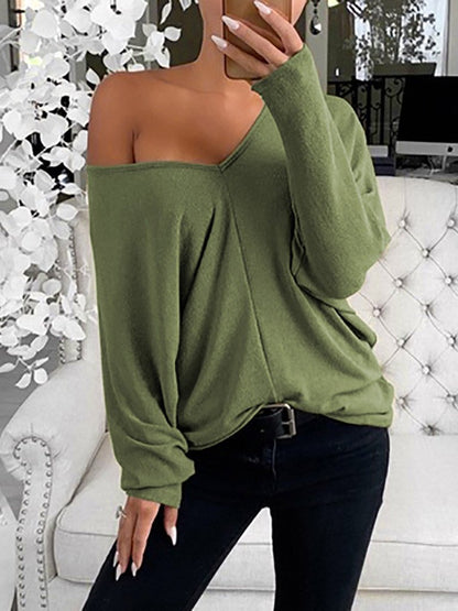 Women's T-Shirts Simple V-Neck Off-Shoulder Long Sleeve T-Shirt - LuckyFash™