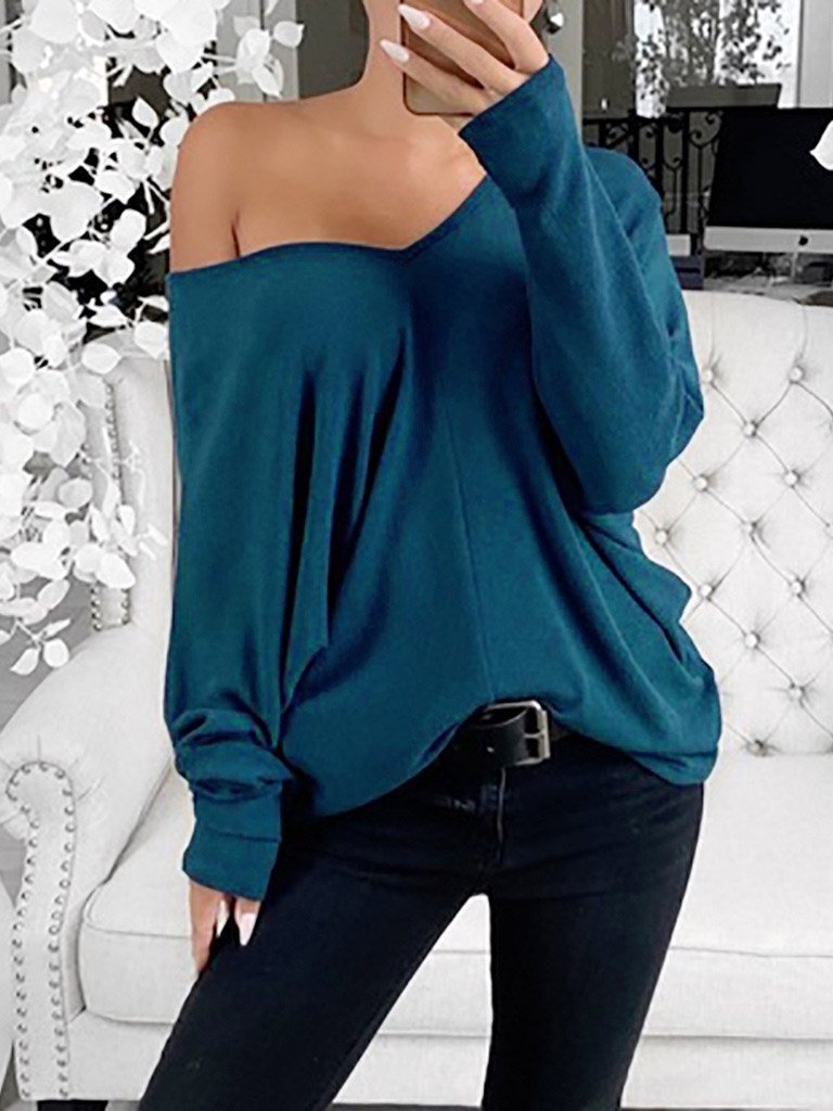 Women's T-Shirts Simple V-Neck Off-Shoulder Long Sleeve T-Shirt - LuckyFash™