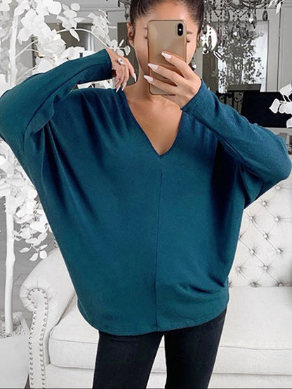 Women's T-Shirts Simple V-Neck Off-Shoulder Long Sleeve T-Shirt - LuckyFash™