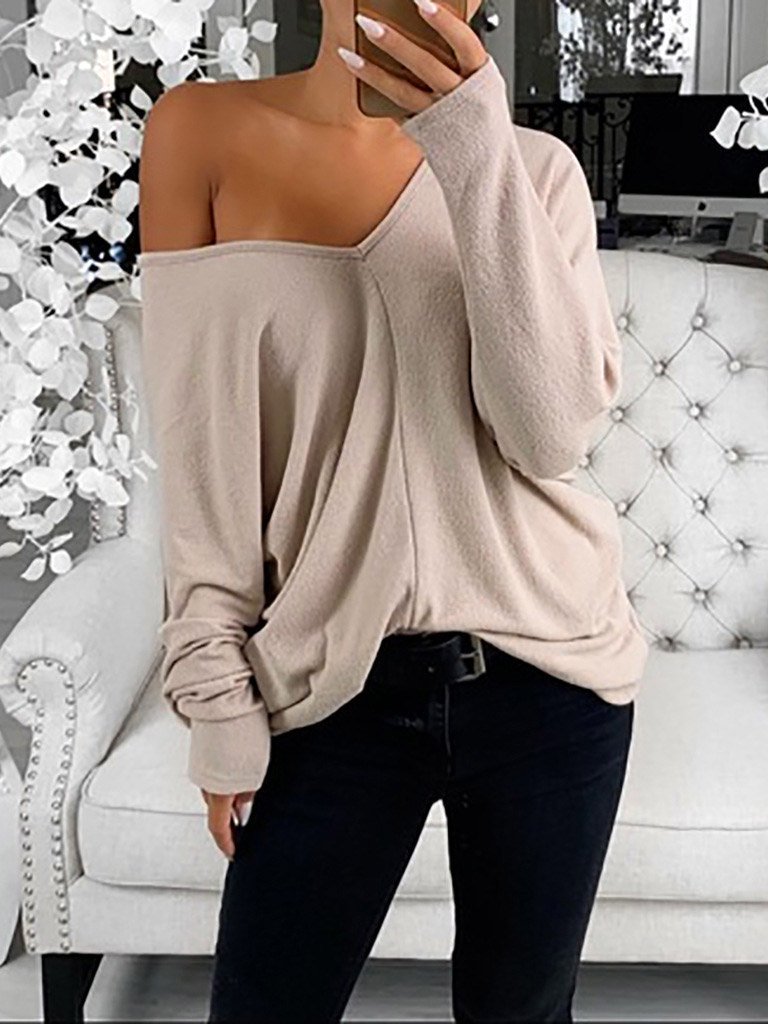 Women's T-Shirts Simple V-Neck Off-Shoulder Long Sleeve T-Shirt - LuckyFash™