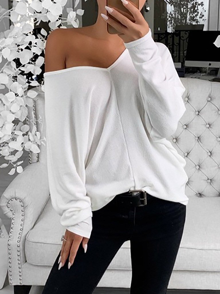 Women's T-Shirts Simple V-Neck Off-Shoulder Long Sleeve T-Shirt - LuckyFash™