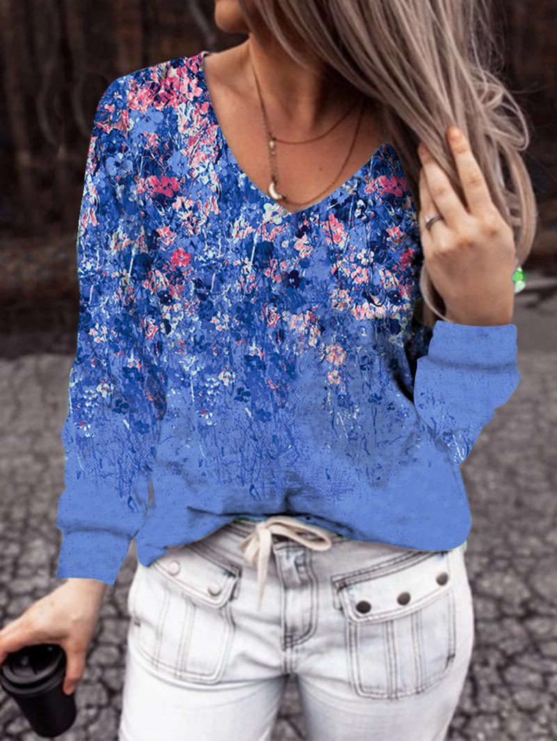 T-Shirts Small Floral V-Neck Long Sleeve T-Shirt - LuckyFash™