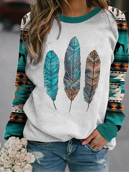Women's T-Shirts Totem Leaf Print Long Sleeve T-Shirts - LuckyFash™