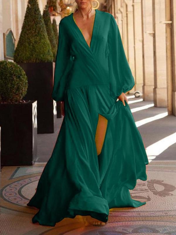 Women's Dresses V-Neck Solid Long Sleeve Split Dress - LuckyFash™
