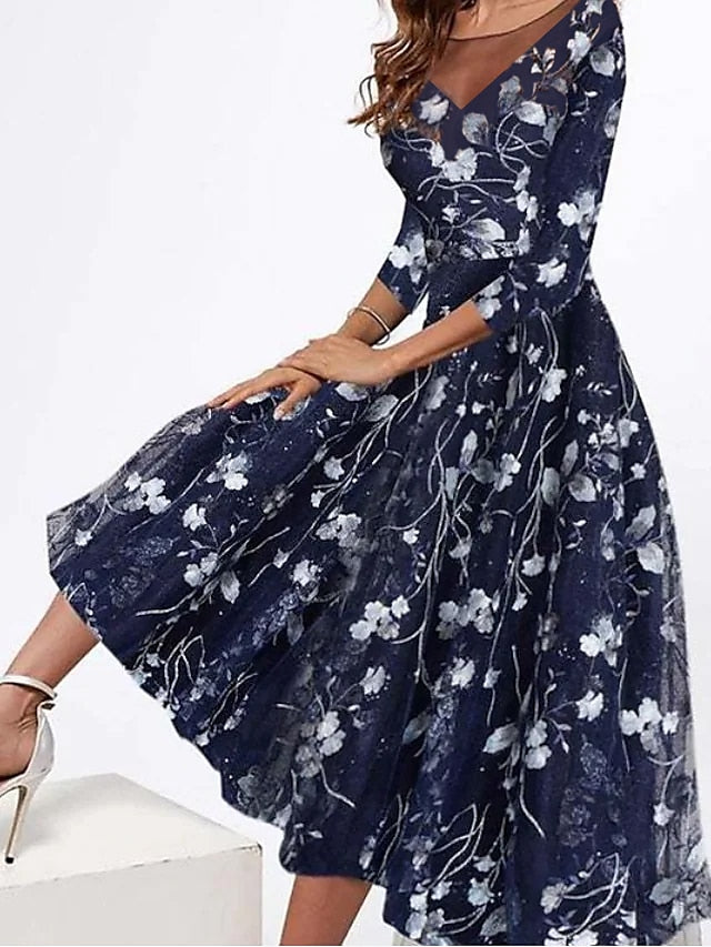 Womenâ€˜s A Line Dress Midi Dress Dusty Blue 3/4 Length Sleeve Floral Ruched Print Spring Summer Crew Neck Elegant Casual Vintage 2023 S M L XL XXL 3XL - LuckyFash™