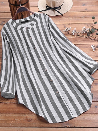 Women's Shirt Blouse Black Blue Gray Stripe Button Long Sleeve Daily Vacation Casual Crew Neck L - LuckyFash™