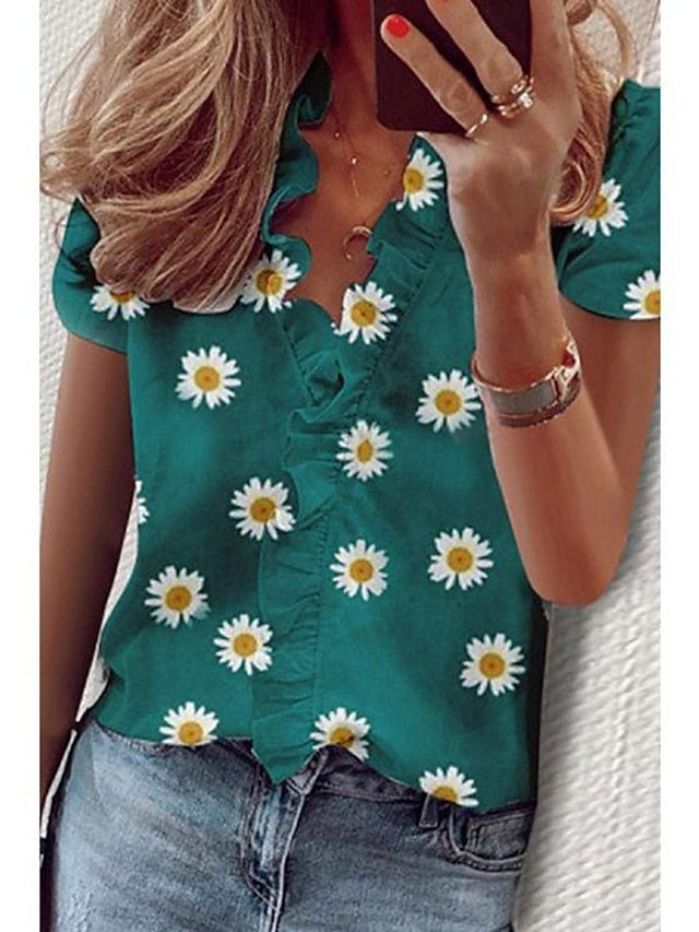 Women's Shirt Blouse Black White Yellow Daisy Ruffle Print Short Sleeve Casual Holiday Basic V Neck Regular Floral S - LuckyFash™