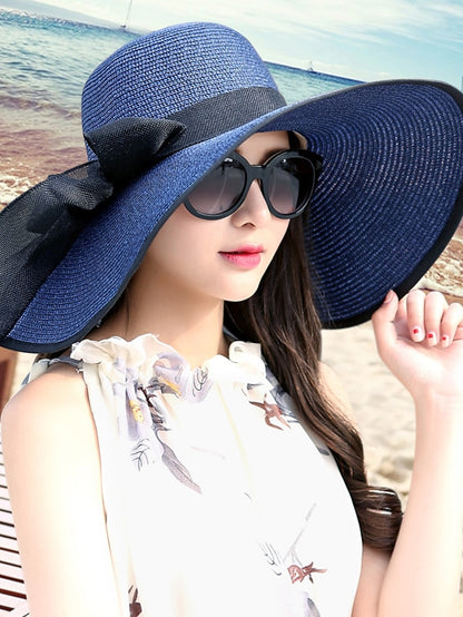 1 pcs Womens 5.5 Inches Big Bowknot Straw Hat Large Floppy Foldable Roll up Beach Cap Sun Hat UPF 50 - LuckyFash™