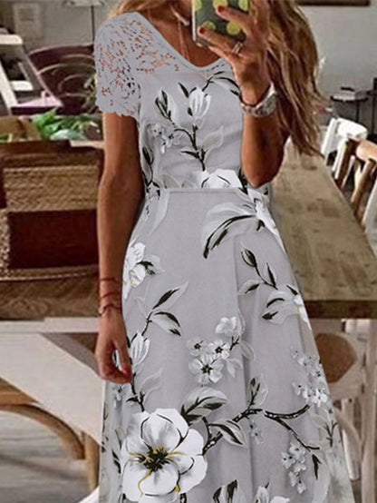 Women's A Line Dress Long Dress Maxi Dress Gray Short Sleeve Floral Lace Spring Summer V Neck Casual 2023 S M L XL XXL - LuckyFash™