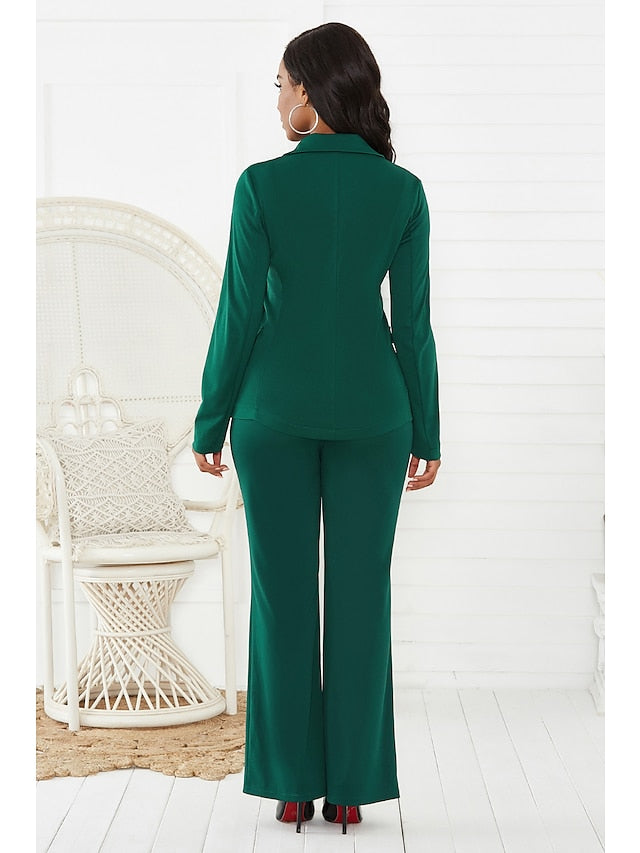 Women's Blazer Office Suit Pants Sets Basic Green Black Office Wear to work Solid Color Shirt Collar S M L XL - LuckyFash™