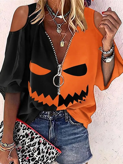 Women's Shirt Blouse Orange Pumpkin Ghost Cut Out Quarter Zip 3/4 Length Sleeve Halloween Weekend Streetwear Casual V Neck Regular S - LuckyFash™