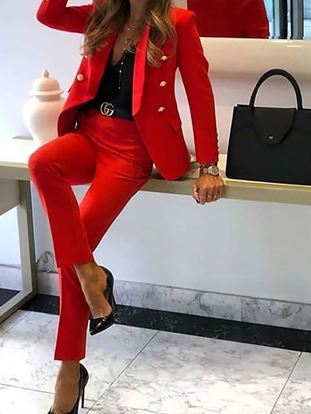 Women's Blazer Office Suit Pants Sets Basic Streetwear Blue Yellow Office Work Business Plain Shirt Collar S M L XL XXL - LuckyFash™