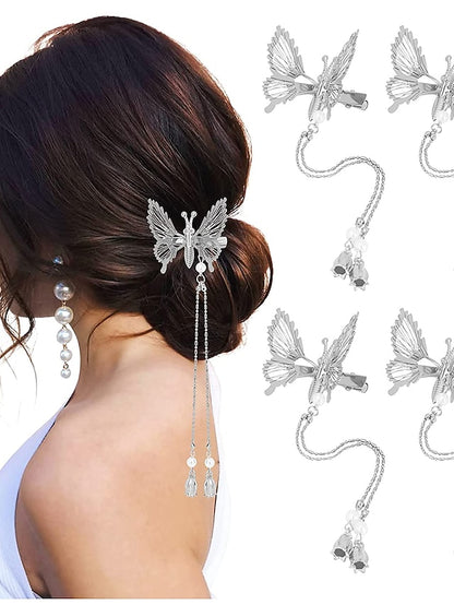 3D Moving Butterfly Hair ClipsMetal Butterfly Hairpins Bride Wedding Head Pieces Hair Accessories for Women Girls Moving Tassel Butterfly Hair Clips 4 PCS 3D Metal Silver Moving Wings Butterfly Hairp for Women - LuckyFash™