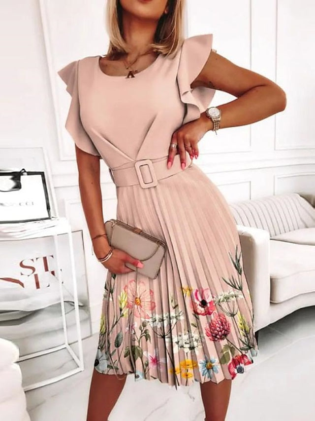 Women's Work Dress Floral Dress Midi Dress Black Pink Blue Short Sleeve Floral Ruched Spring Summer Crew Neck Elegant 2023 S M L XL XXL - LuckyFash™