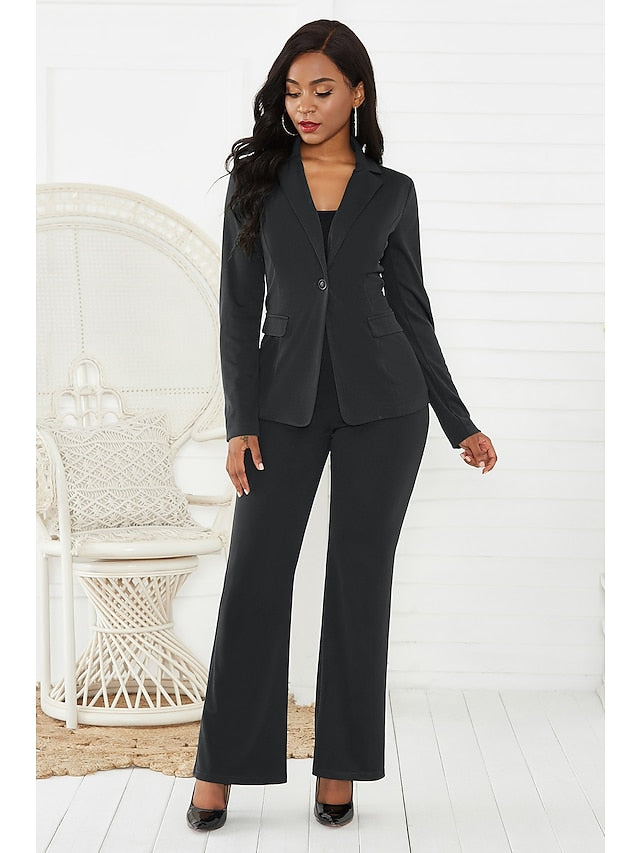 Women's Blazer Office Suit Pants Sets Basic Green Black Office Wear to work Solid Color Shirt Collar S M L XL - LuckyFash™