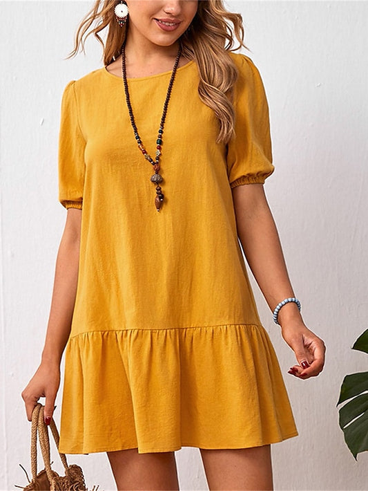 Women's Cotton Linen Dress Casual Dress Mini Dress Cotton Blend Basic Casual Outdoor Daily Crew Neck Ruched Short Sleeve Summer Spring 2023 Loose Fit Black Yellow Sky Blue Plain S M L XL 2XL - LuckyFash™