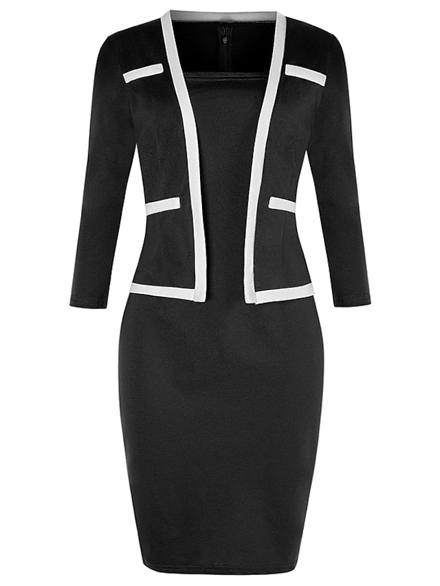 Women's Work Dress Sheath Dress Midi Dress Black Dusty Blue 3/4 Length Sleeve Pure Color Fake two piece Winter Fall Spring Square Neck Modern Winter Dress Office Daily 2023 S M L XL XXL 3XL 4XL 5XL - LuckyFash™