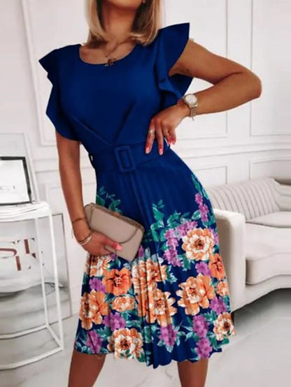 Women's Work Dress Floral Dress Midi Dress Black Pink Blue Short Sleeve Floral Ruched Spring Summer Crew Neck Elegant 2023 S M L XL XXL - LuckyFash™